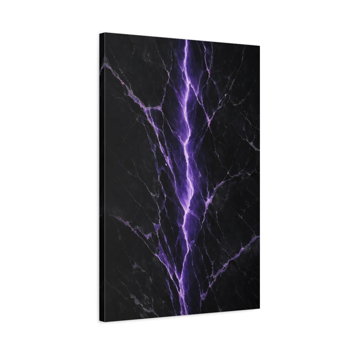 Side Mockup 2. Abstract Lightning Crack Purple And Black shown as stretched canvas wall art
