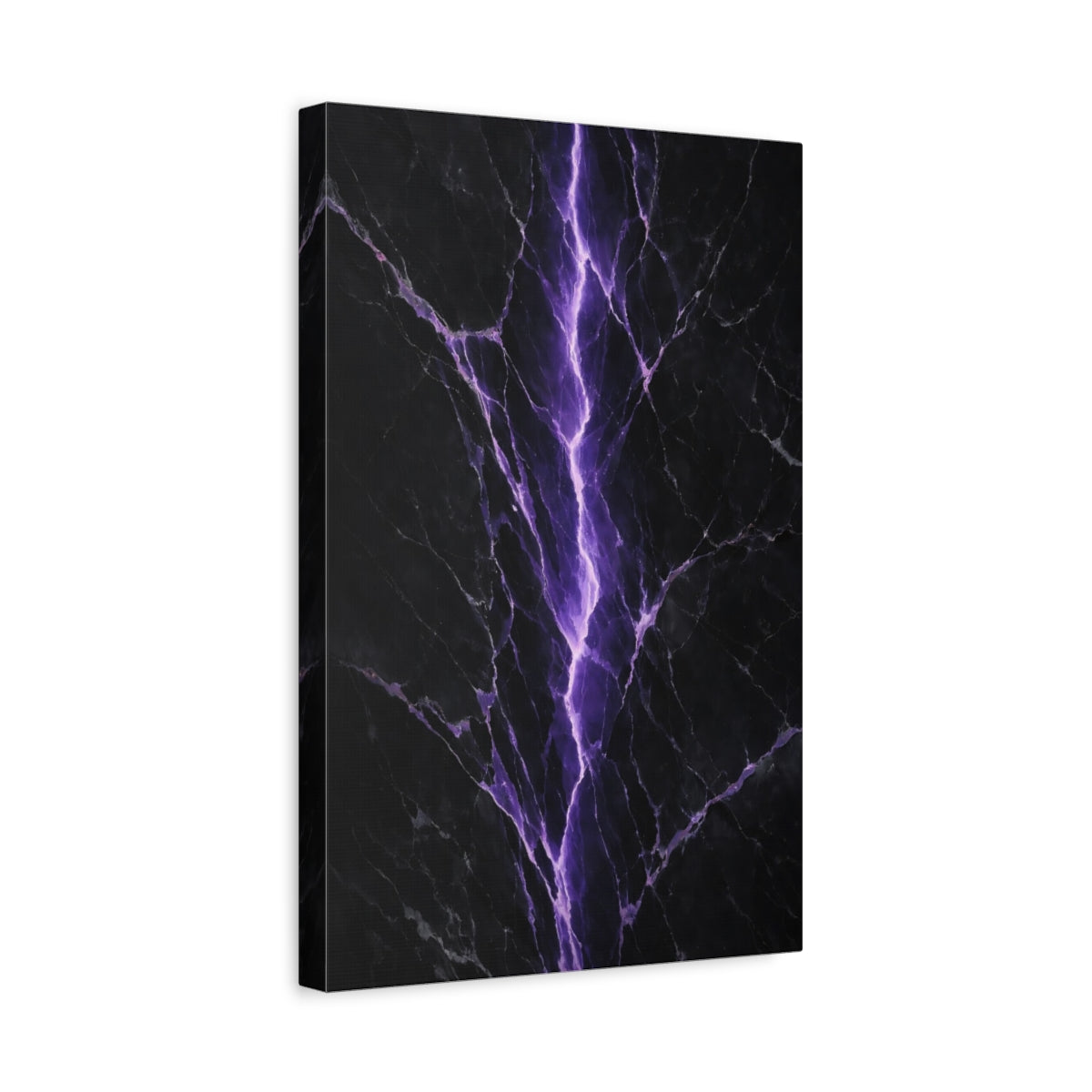 Side Mockup 4. Abstract Lightning Crack Purple And Black shown as stretched canvas wall art