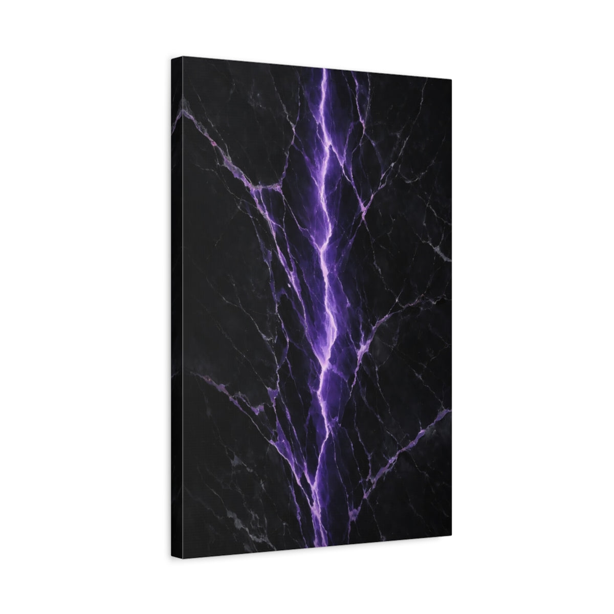 Side Mockup 3. Abstract Lightning Crack Purple And Black shown as stretched canvas wall art