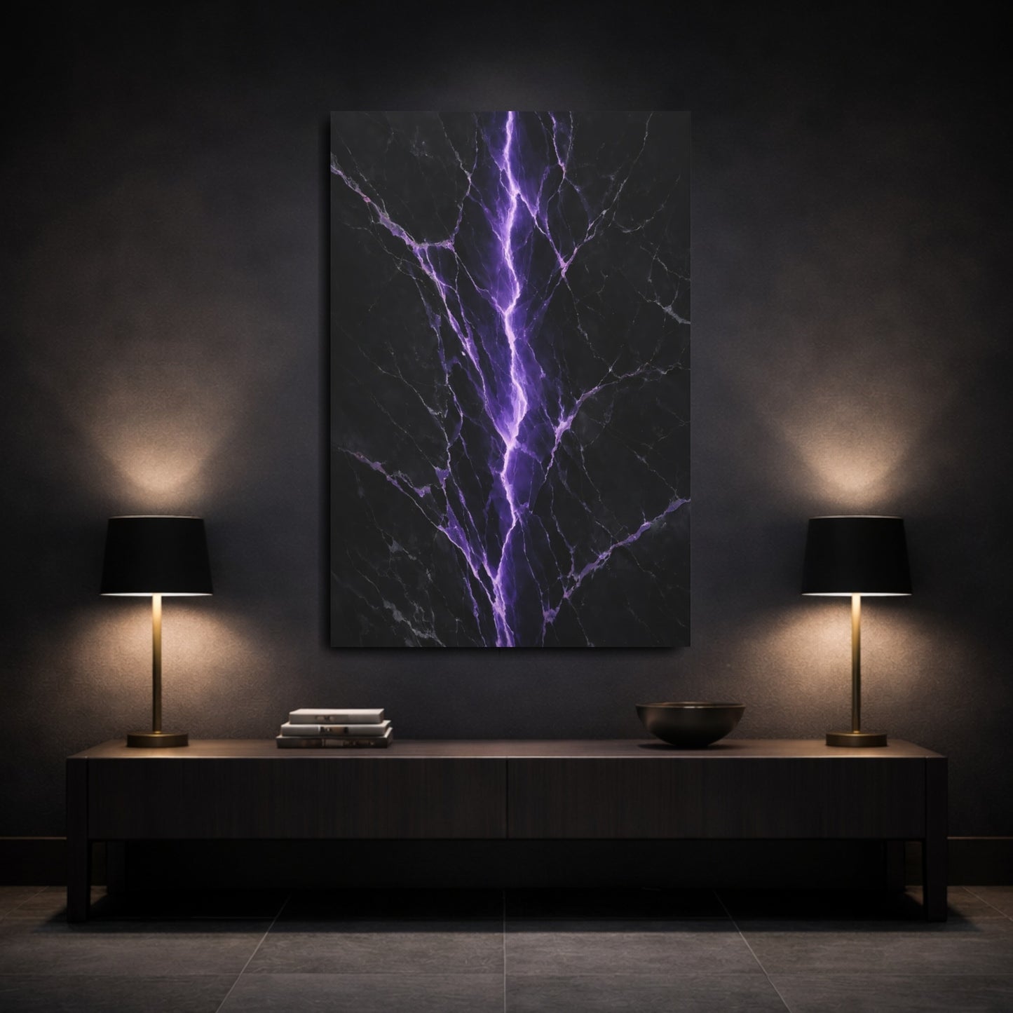 Mockup 2. Abstract Lightning Crack Purple And Black shown as stretched canvas wall art