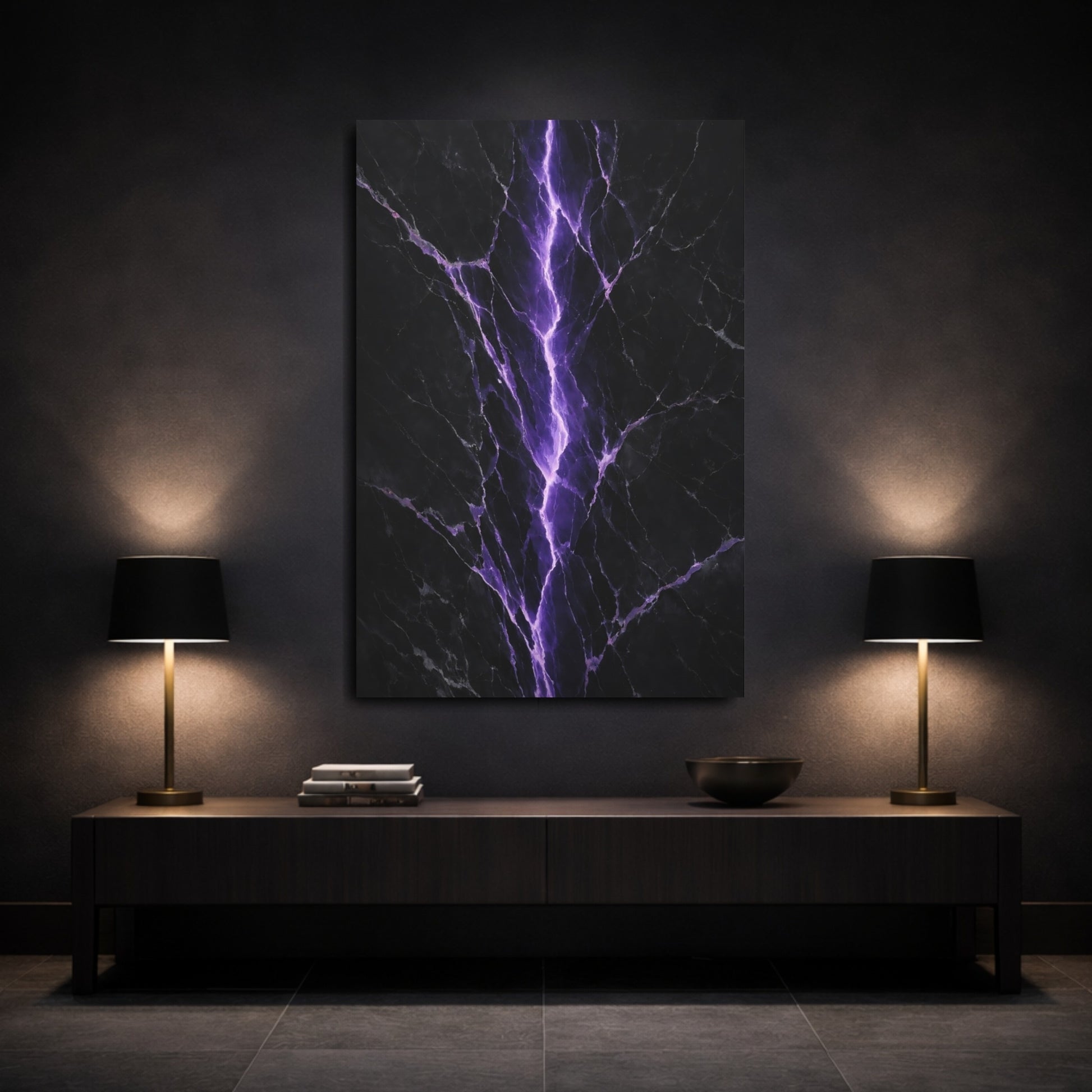 Mockup 2. Abstract Lightning Crack Purple And Black shown as stretched canvas wall art