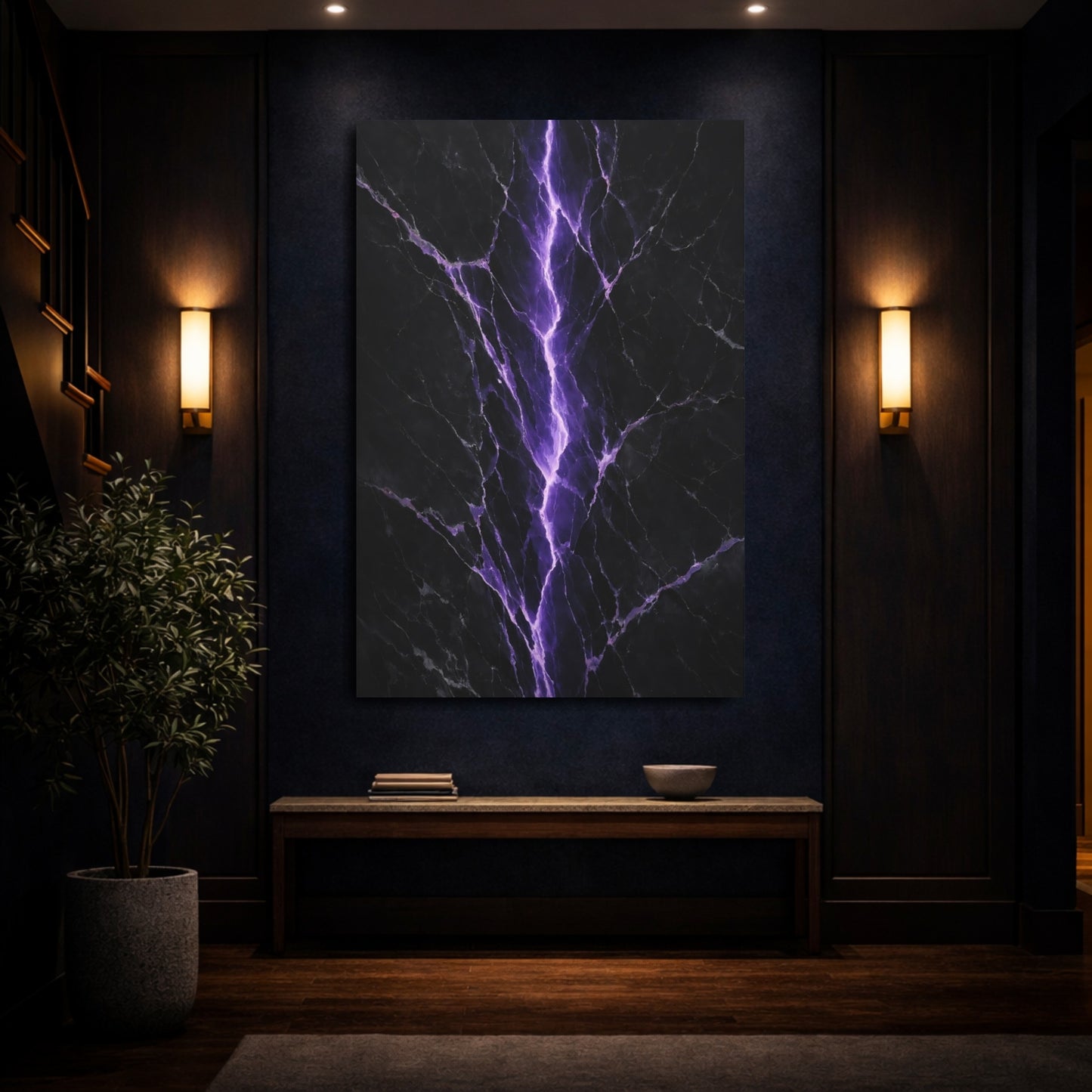 Mockup 3. Abstract Lightning Crack Purple And Black shown as stretched canvas wall art