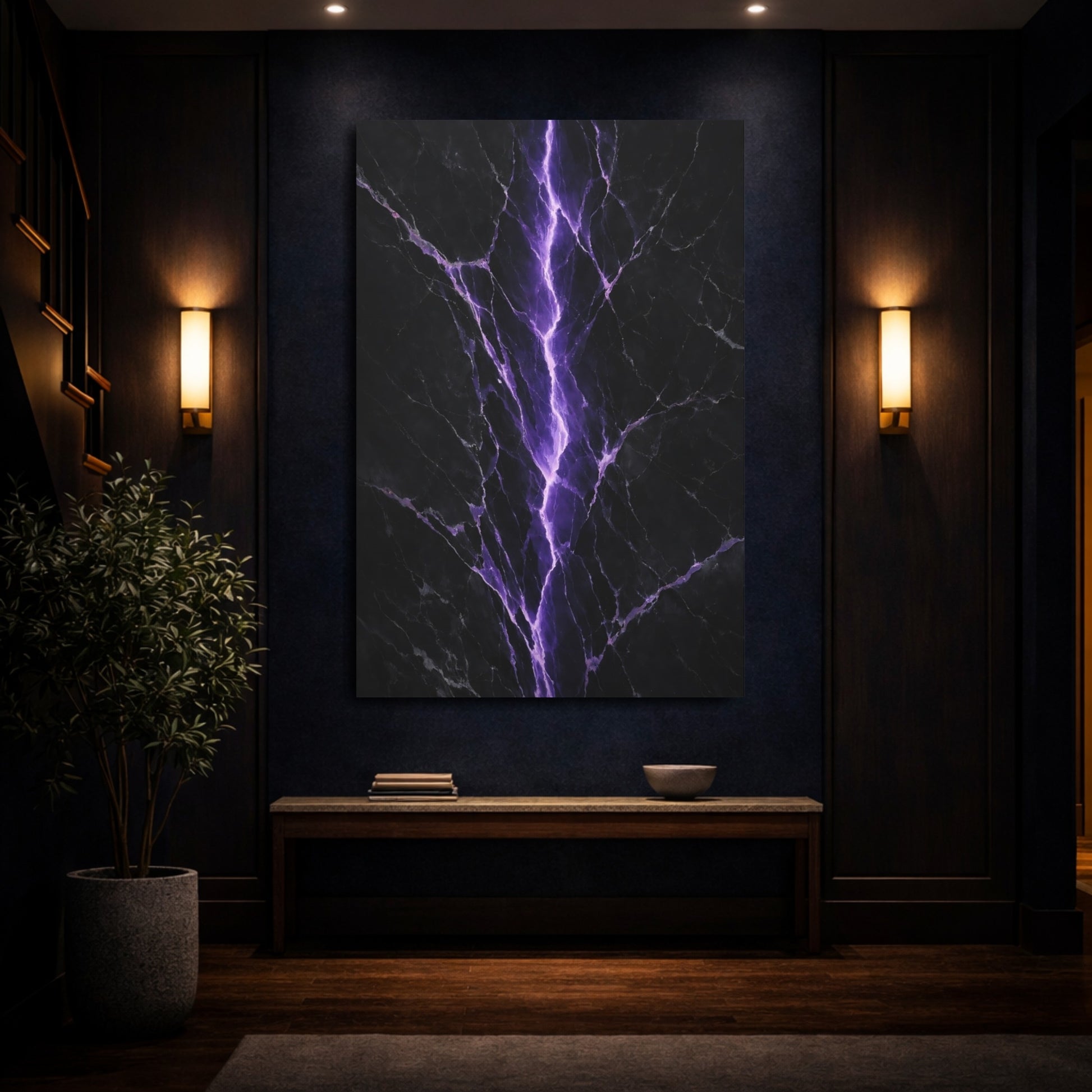 Mockup 3. Abstract Lightning Crack Purple And Black shown as stretched canvas wall art