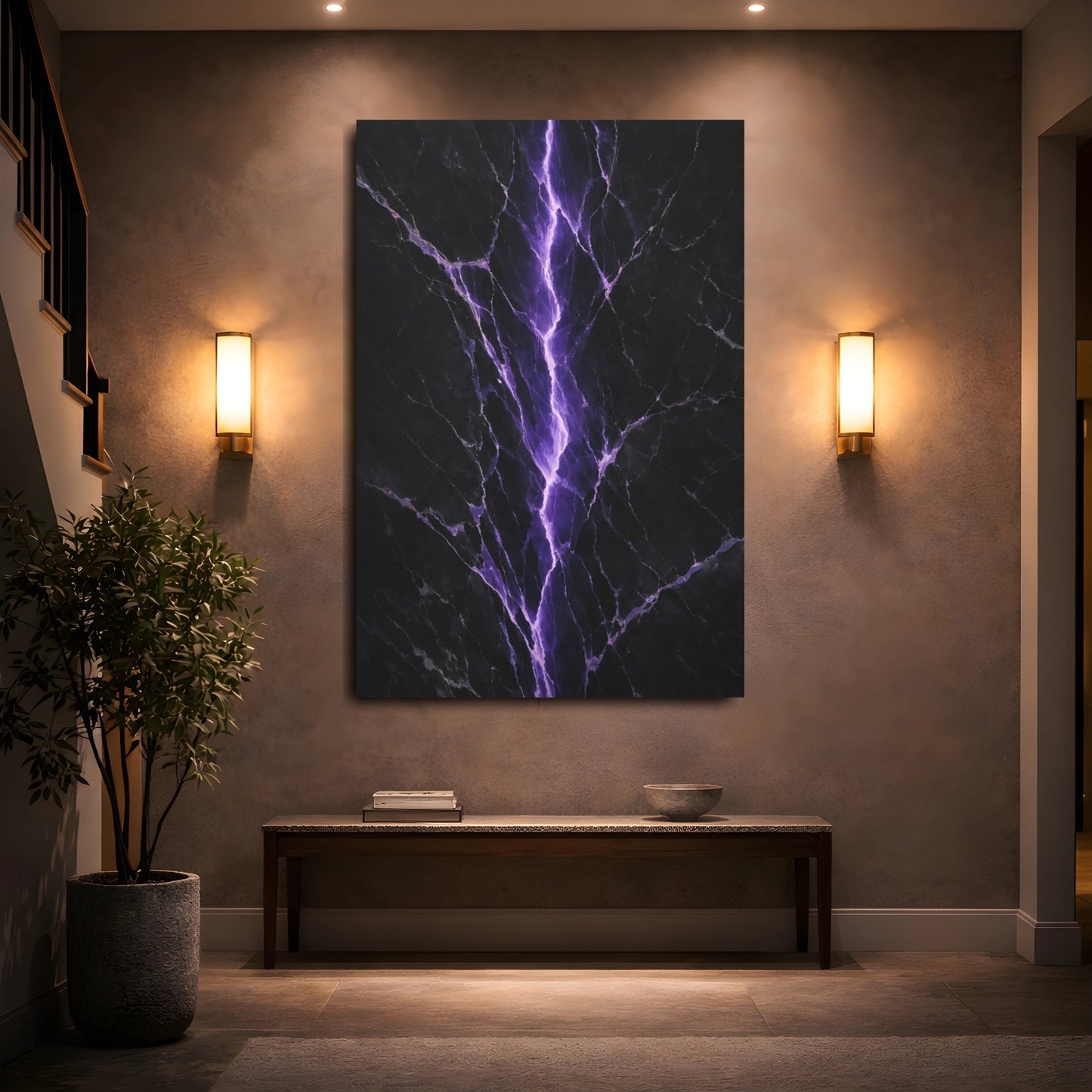 Mockup 4. Abstract Lightning Crack Purple And Black shown as stretched canvas wall art