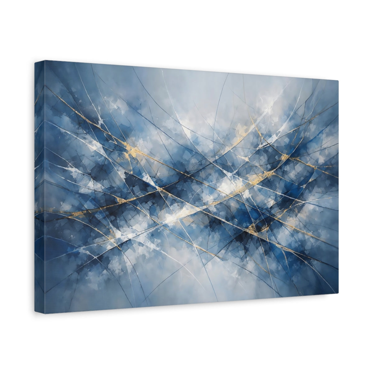 Side Mockup 4. Abstract Abstract Lines Blue And Gold Abstract shown as stretched canvas wall art