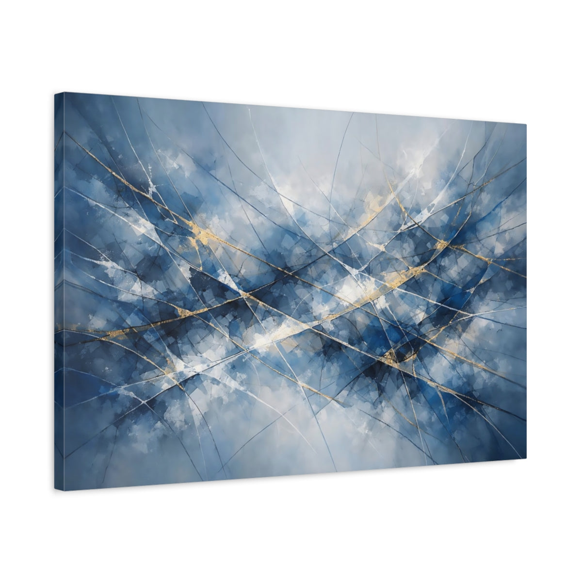 Side Mockup 2. Abstract Abstract Lines Blue And Gold Abstract shown as stretched canvas wall art