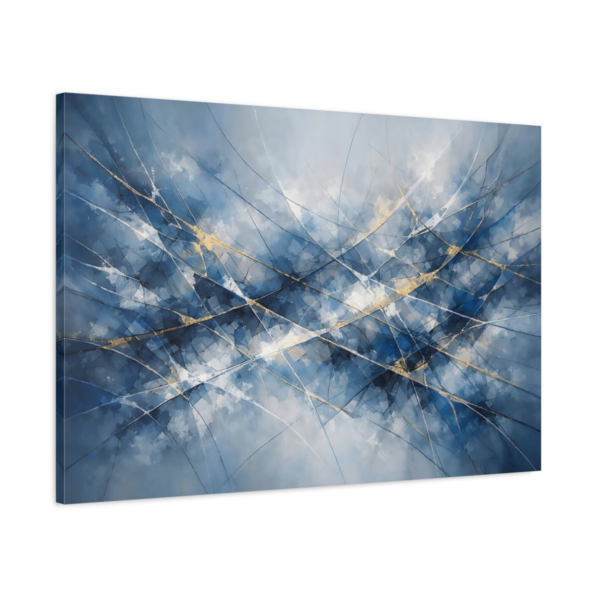 Side Mockup 1. Abstract Abstract Lines Blue And Gold Abstract shown as stretched canvas wall art