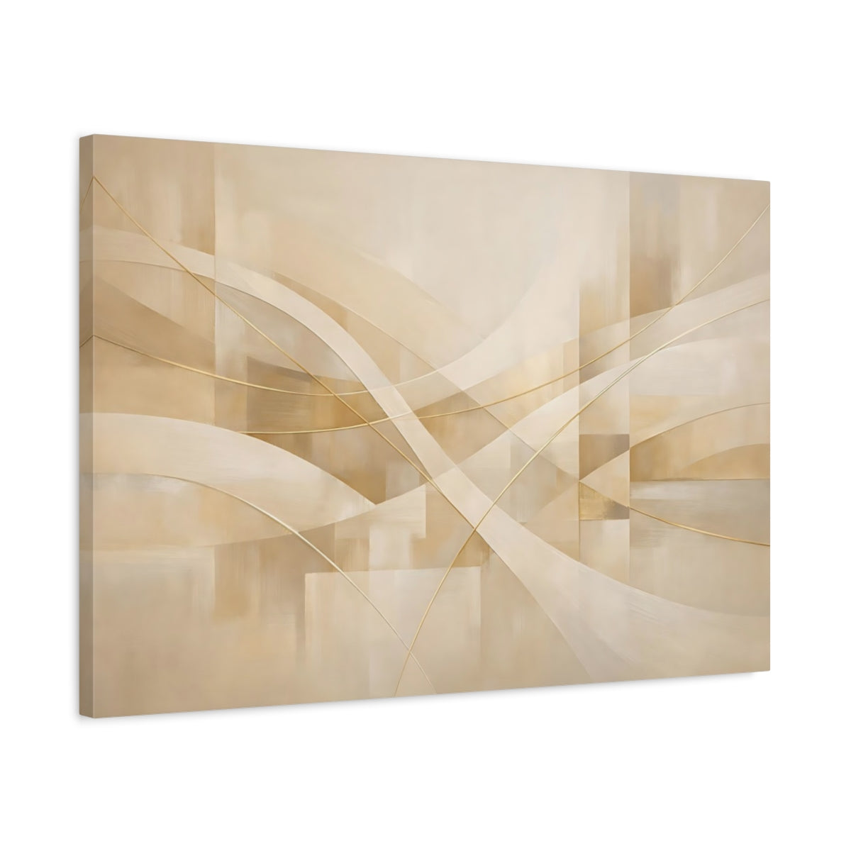Side Mockup 2. Abstract Abstract Lines Cream Gold Abstract shown as stretched canvas wall art