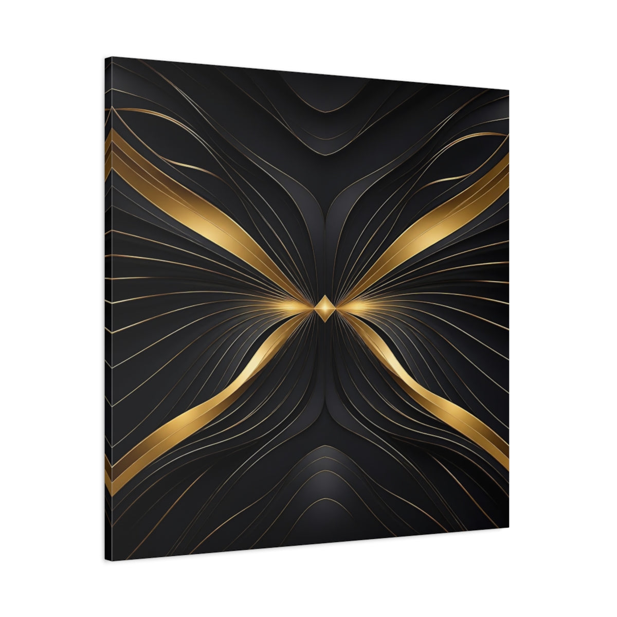 Side Mockup 1. Abstract Abstract Lines Gold And Black Abstract shown as stretched canvas wall art