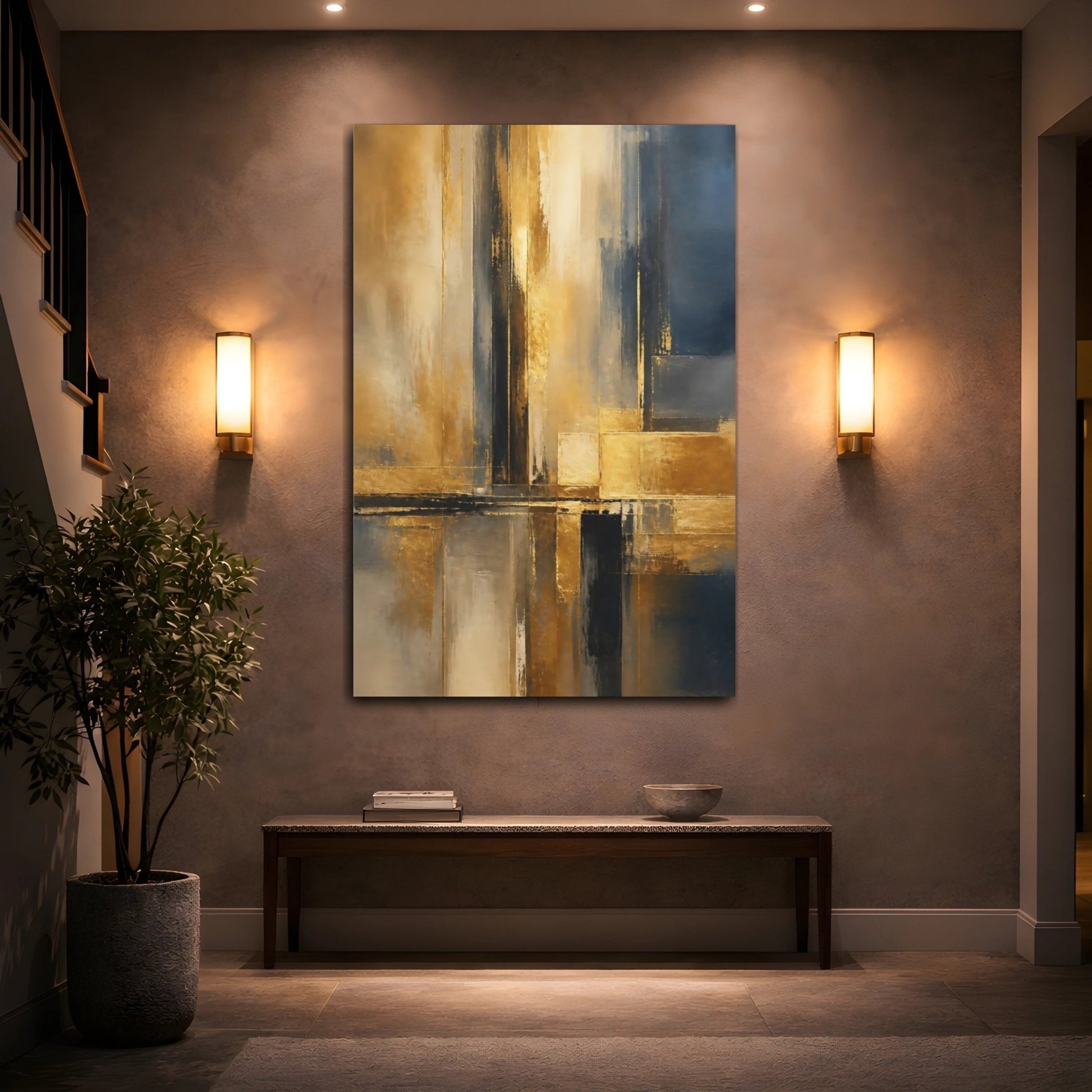 Abstract Lines Gold And Blue Canvas Print – Living Room, Above Console Table - YesArtYes
