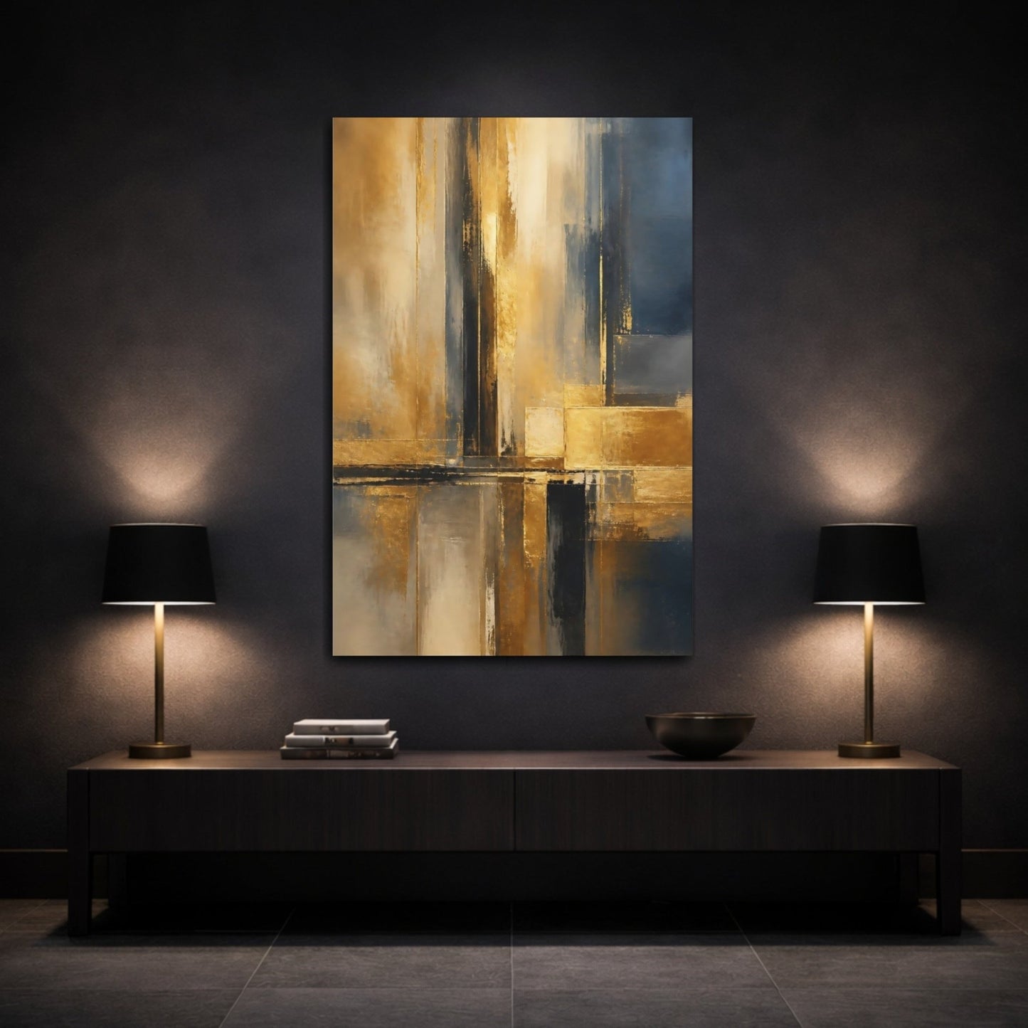 Abstract Lines Gold And Blue Canvas Print – Living Room, Above Console Table - YesArtYes