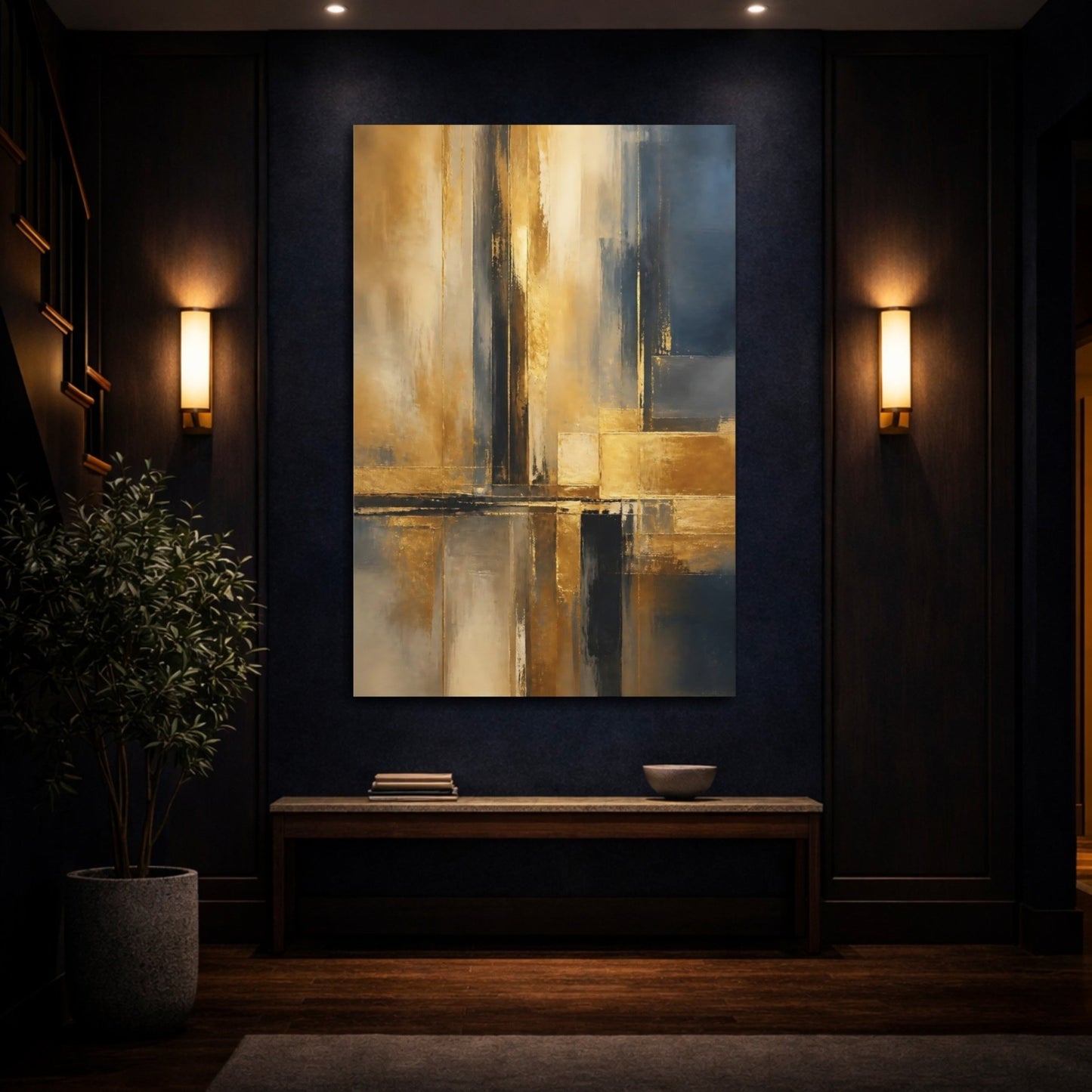 Abstract Lines Gold And Blue Canvas Print – Living Room, Above Console Table - YesArtYes