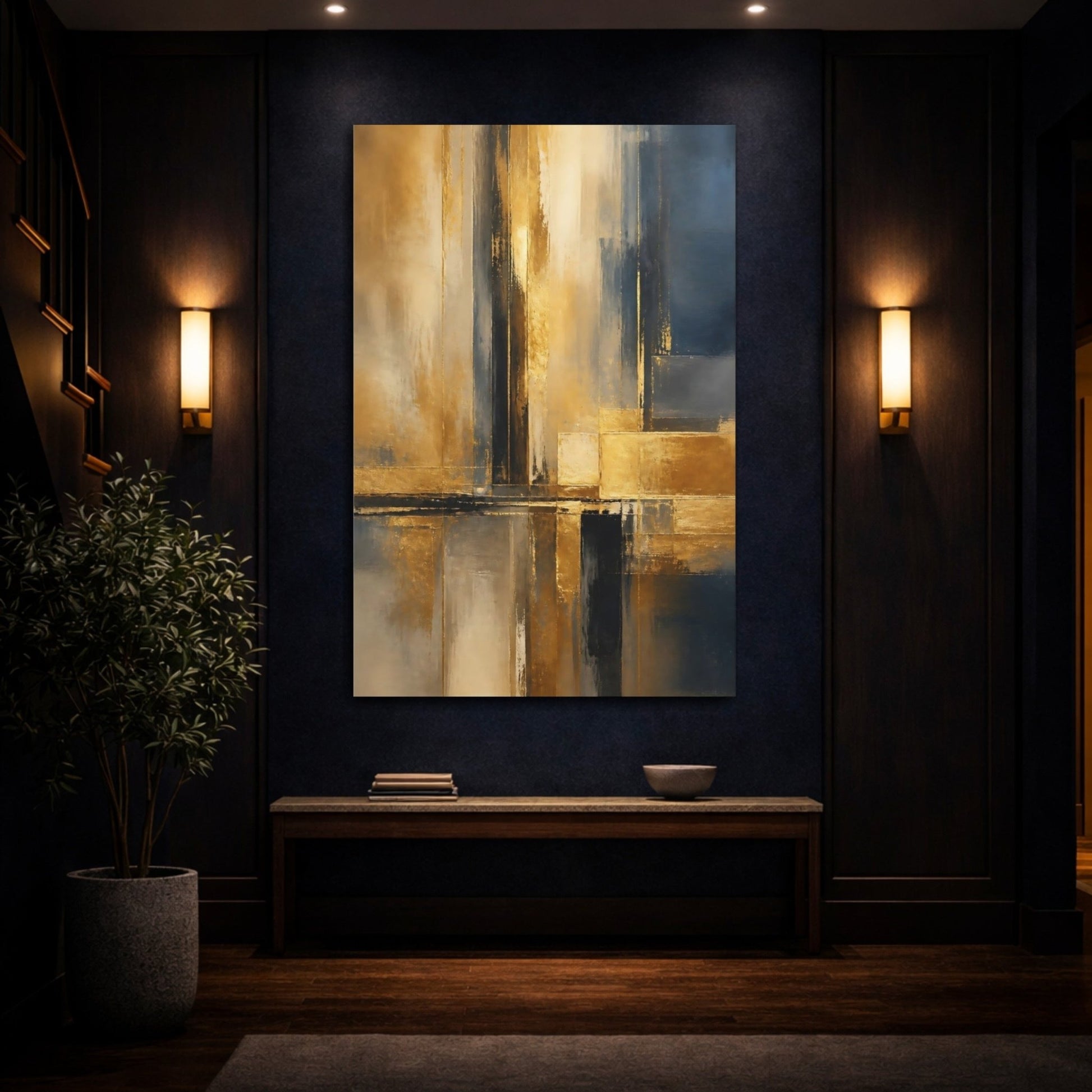 Abstract Lines Gold And Blue Canvas Print – Living Room, Above Console Table - YesArtYes