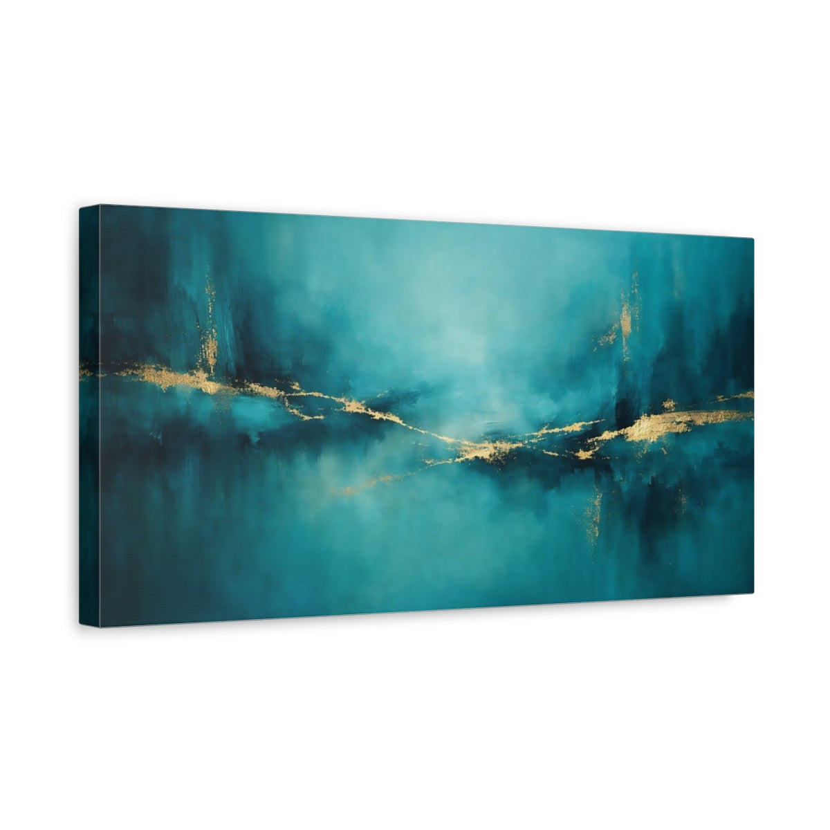 Side Mockup 3. Abstract Abstract Lines Teal And Gold shown as stretched canvas wall art