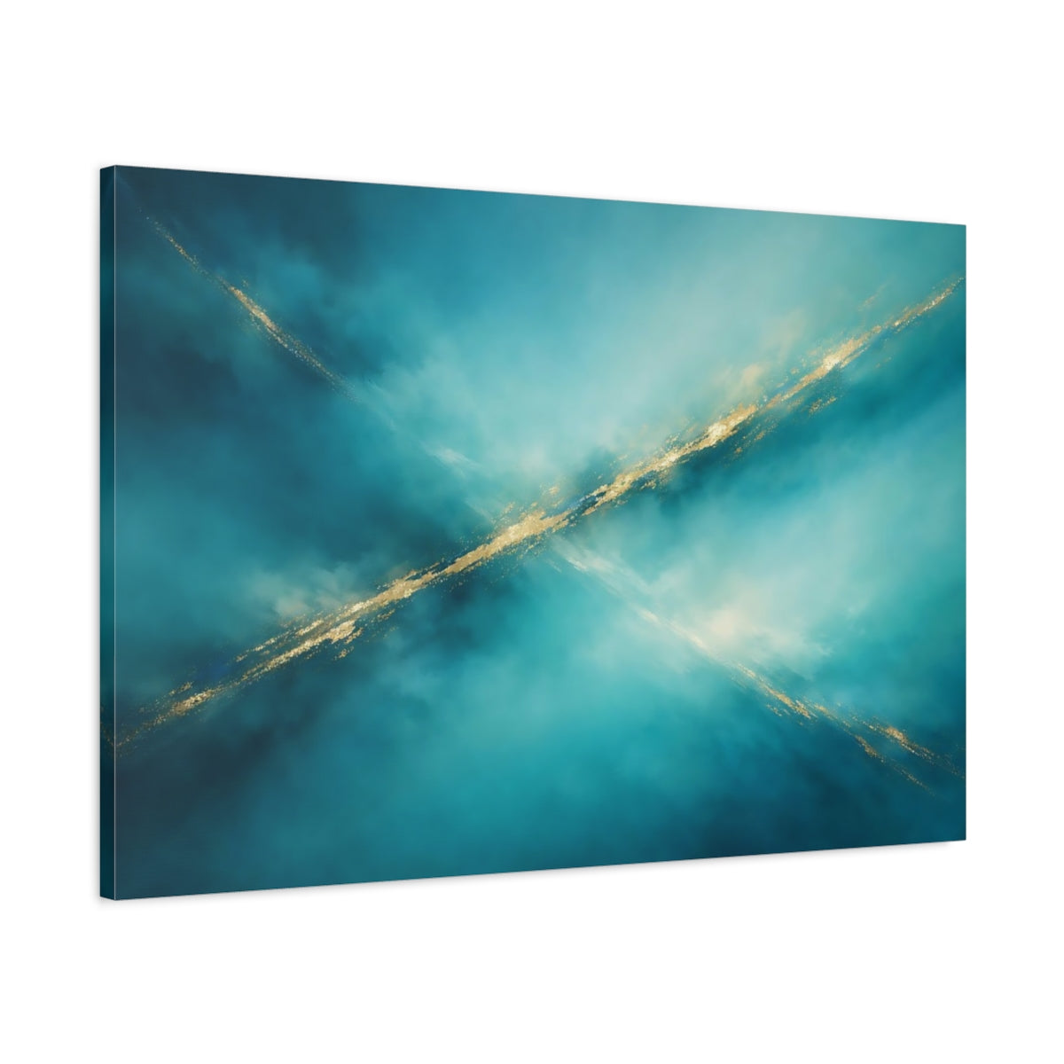 Side Mockup 1. Abstract Abstract Lines Teal Gold Abstract shown as stretched canvas wall art