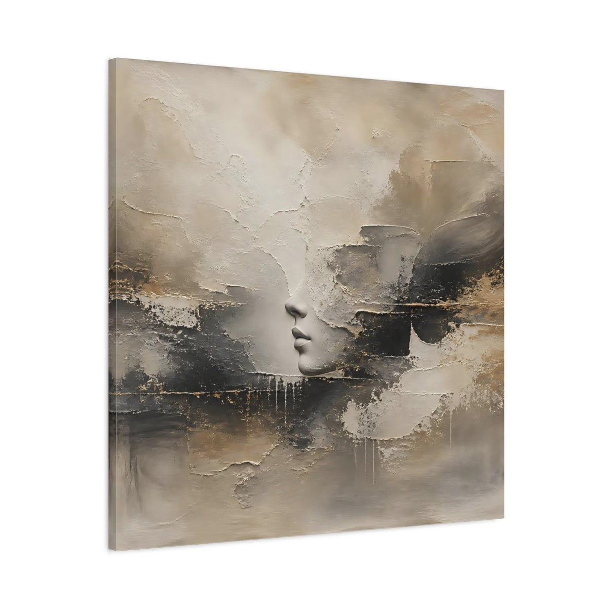 Main Mockup. Abstract Lips Profile Beige Black Gold Abstract shown as stretched canvas wall art