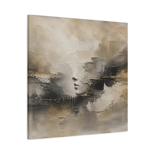 Main Mockup. Abstract Lips Profile Beige Black Gold Abstract shown as stretched canvas wall art