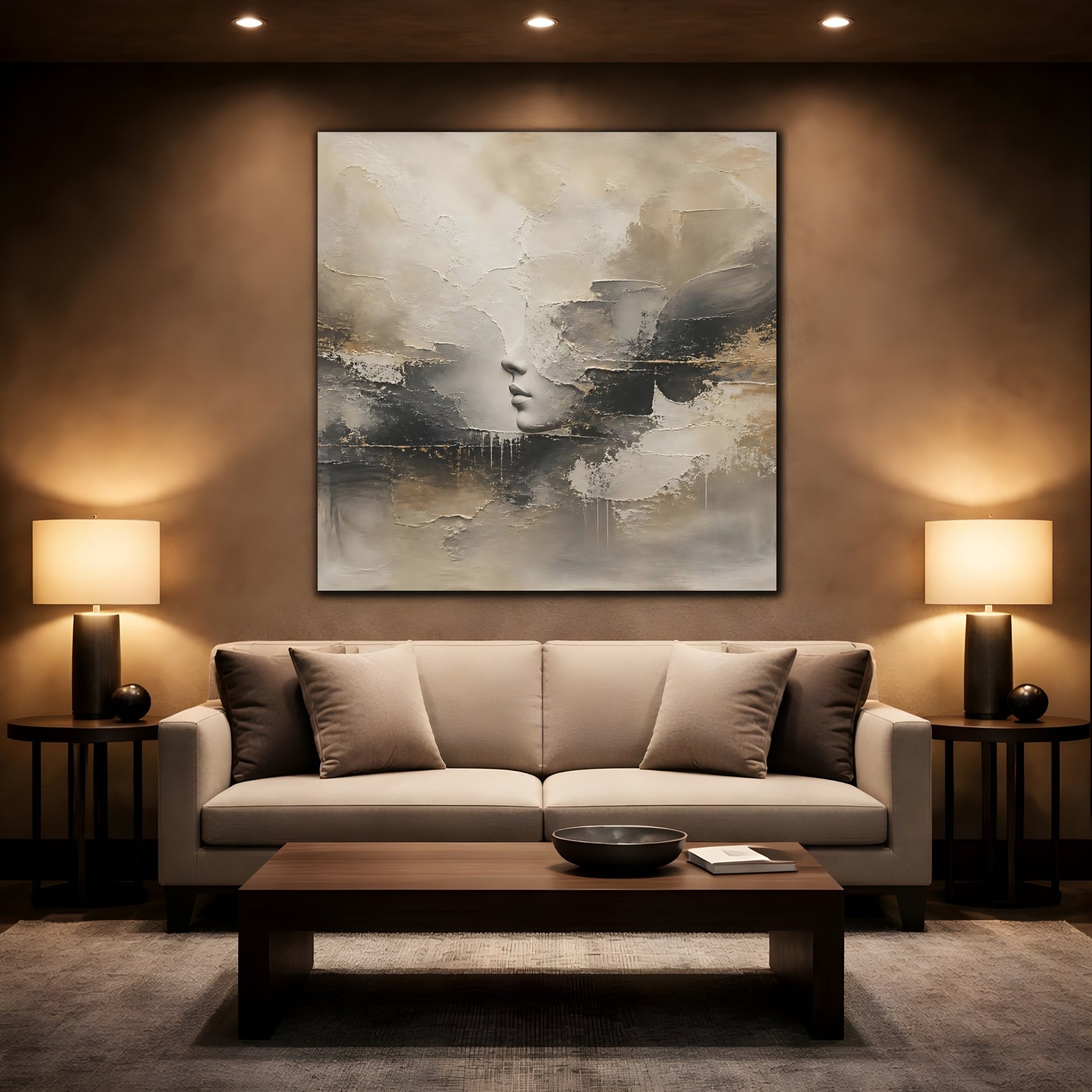 Mockup 2. Abstract Lips Profile Beige Black Gold Abstract shown as stretched canvas wall art
