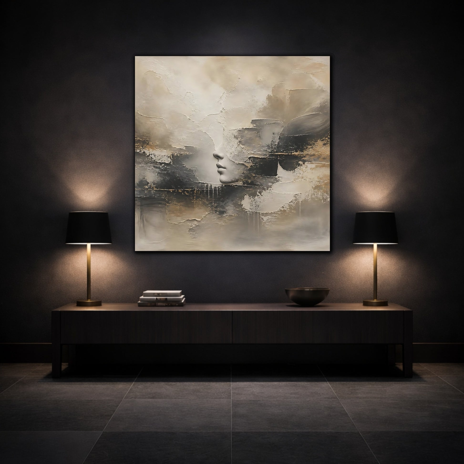 Mockup 3. Abstract Lips Profile Beige Black Gold Abstract shown as stretched canvas wall art