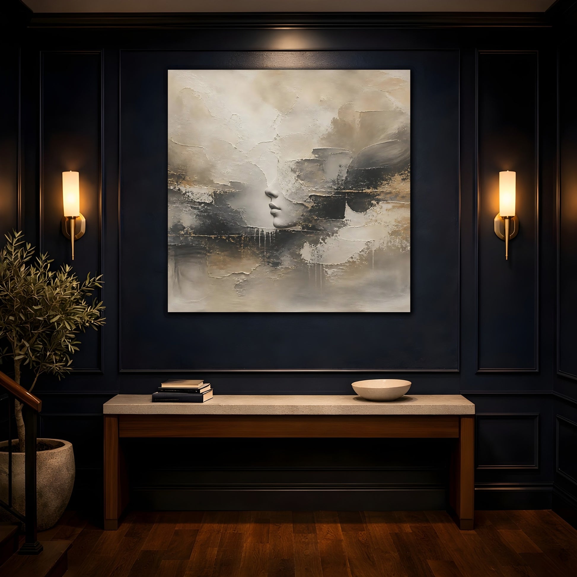 Mockup 4. Abstract Lips Profile Beige Black Gold Abstract shown as stretched canvas wall art