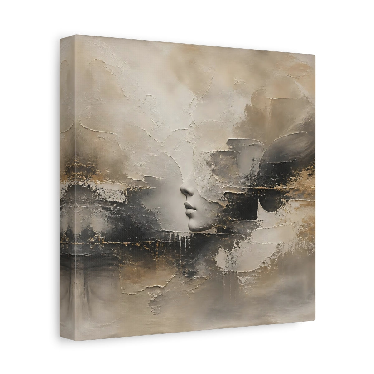 Side Mockup 9. Abstract Lips Profile Beige Black Gold Abstract shown as stretched canvas wall art