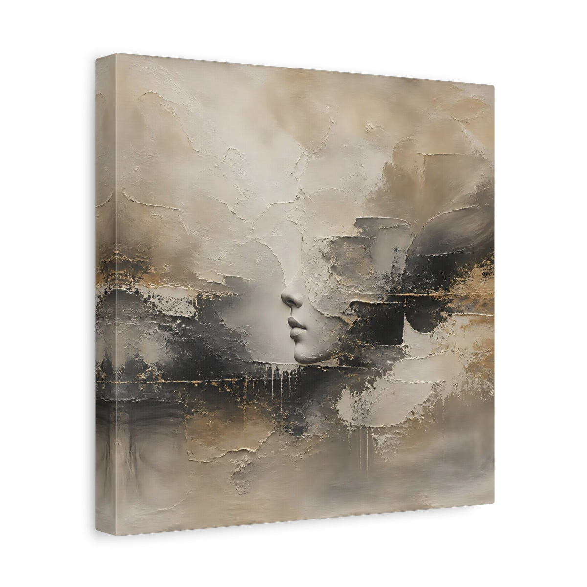 Side Mockup 8. Abstract Lips Profile Beige Black Gold Abstract shown as stretched canvas wall art