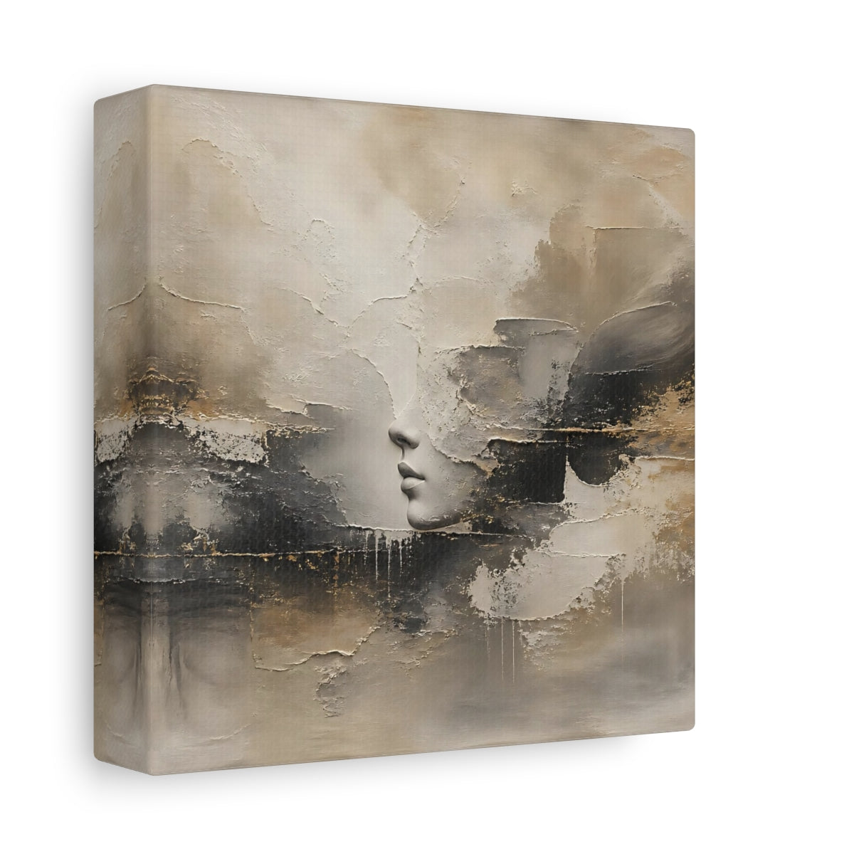 Side Mockup 2. Abstract Lips Profile Beige Black Gold Abstract shown as stretched canvas wall art