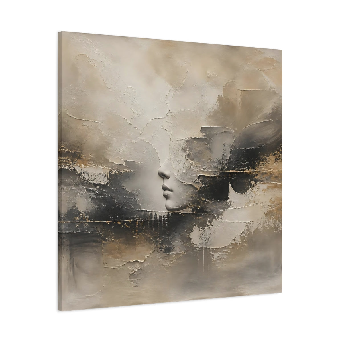 Side Mockup 1. Abstract Lips Profile Beige Black Gold Abstract shown as stretched canvas wall art