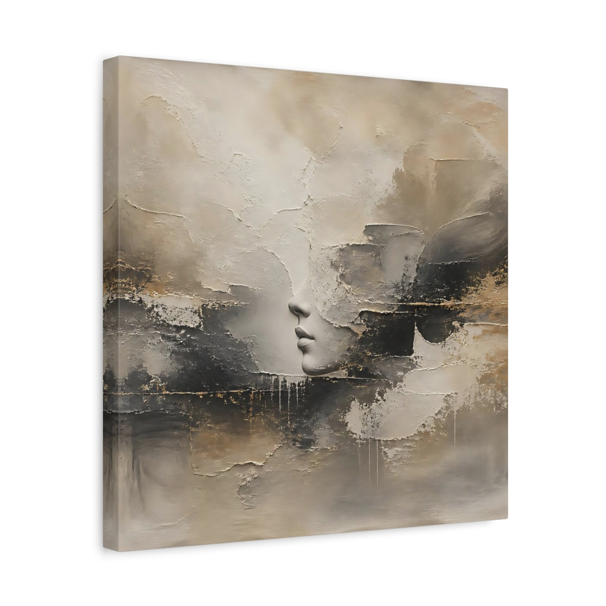 Side Mockup 6. Abstract Lips Profile Beige Black Gold Abstract shown as stretched canvas wall art