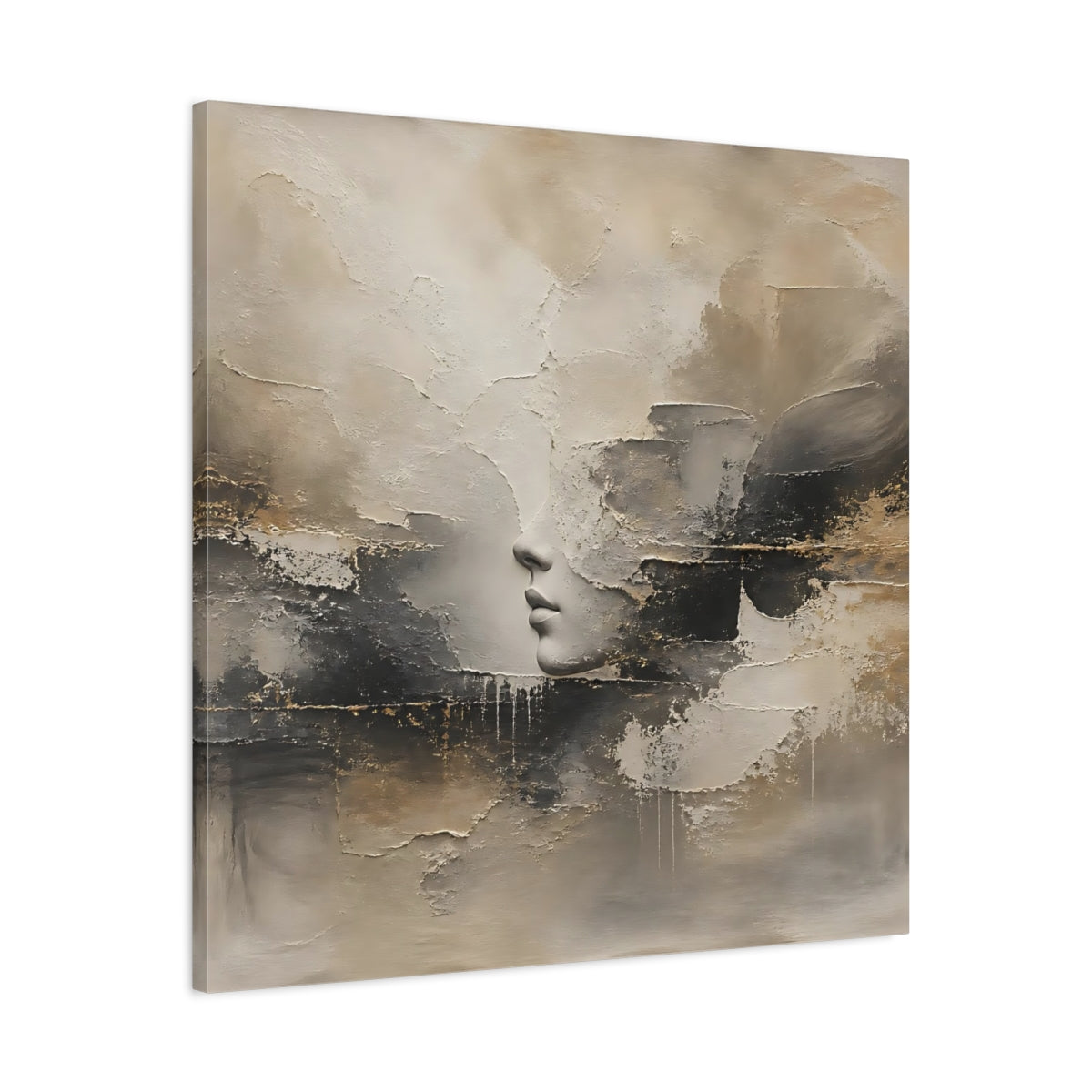 Side Mockup 3. Abstract Lips Profile Beige Black Gold Abstract shown as stretched canvas wall art