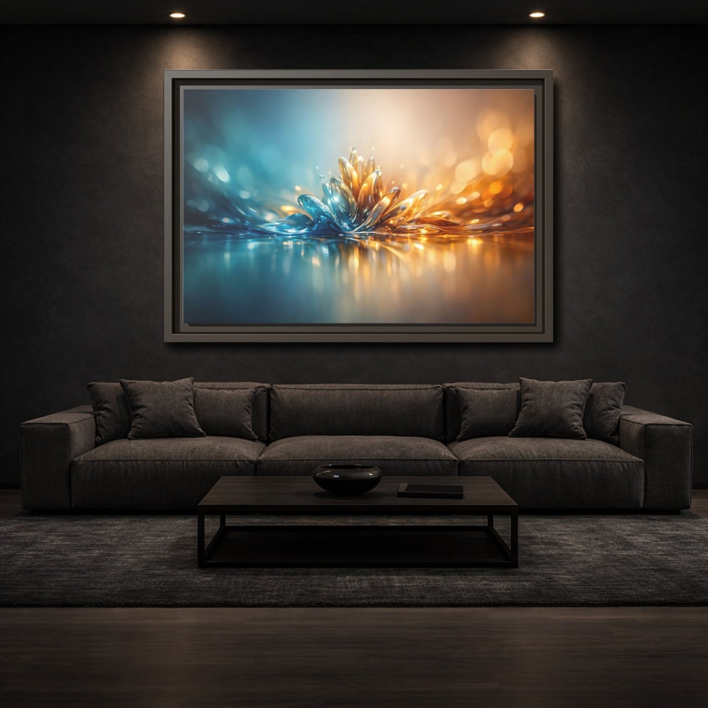 Mockup 2. Abstract Liquid Bloom Teal Gold Abstract shown as stretched canvas wall art
