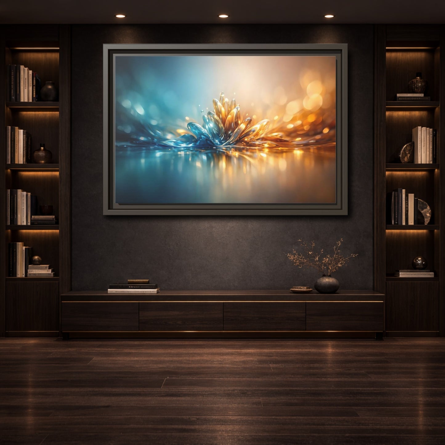 Mockup 3. Abstract Liquid Bloom Teal Gold Abstract shown as stretched canvas wall art