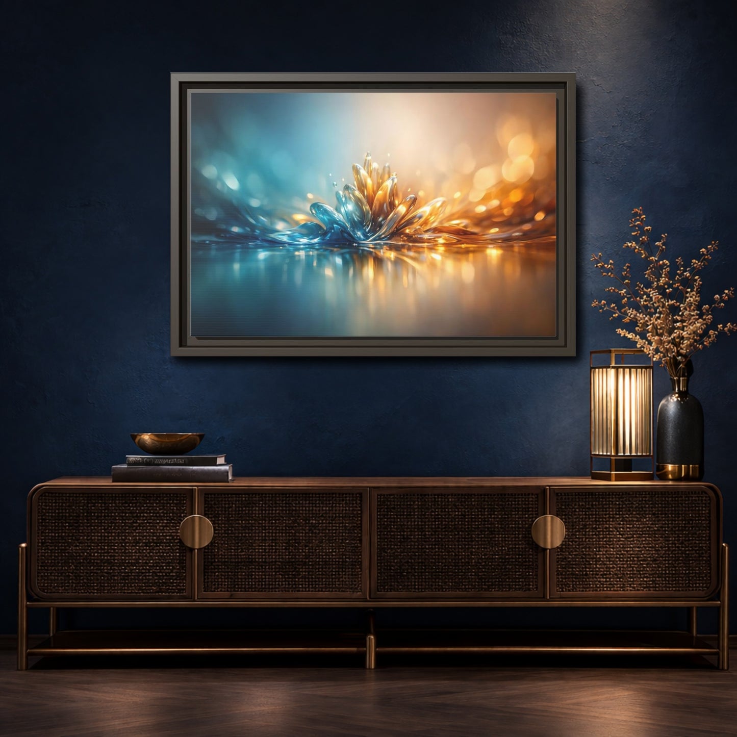 Mockup 4. Abstract Liquid Bloom Teal Gold Abstract shown as stretched canvas wall art