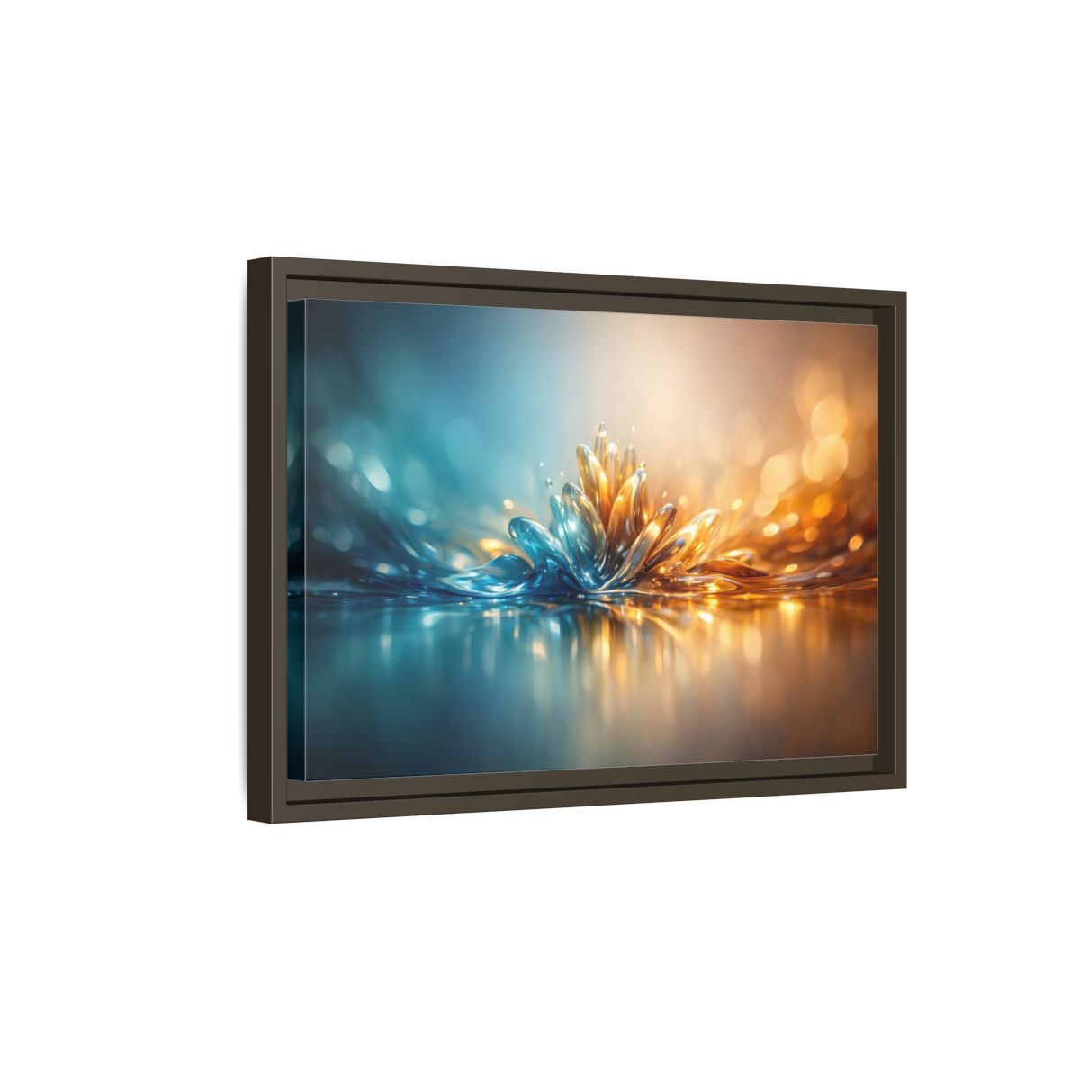 Side Mockup 5. Abstract Liquid Bloom Teal Gold Abstract shown as stretched canvas wall art