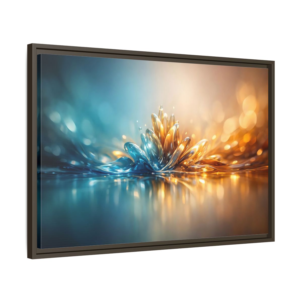 Side Mockup 11. Abstract Liquid Bloom Teal Gold Abstract shown as stretched canvas wall art