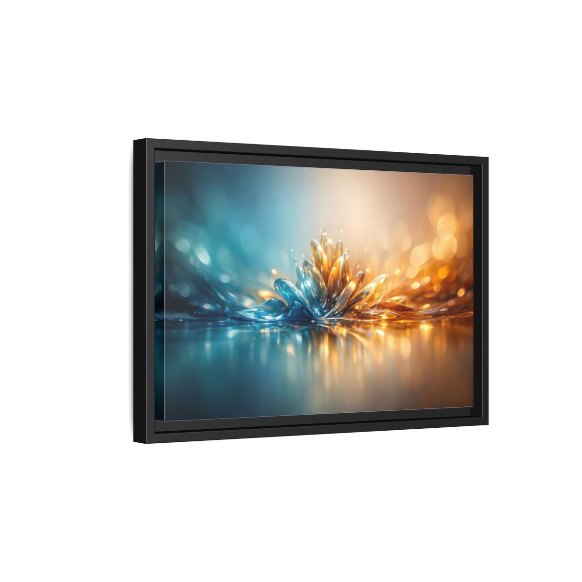 Side Mockup 6. Abstract Liquid Bloom Teal Gold Abstract shown as stretched canvas wall art