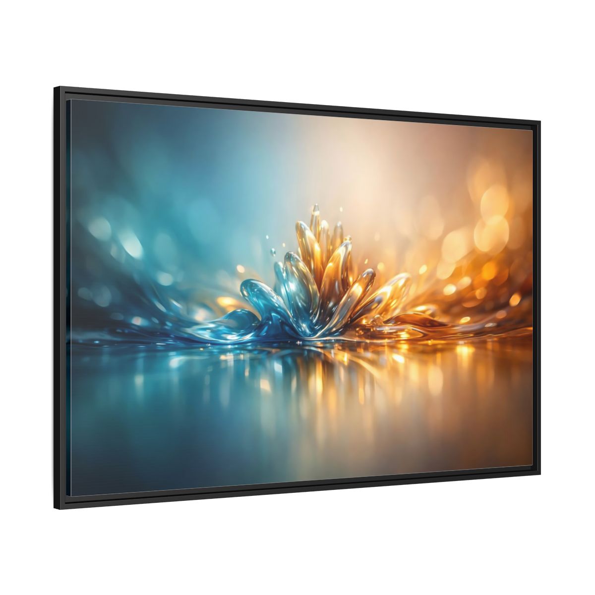 Side Mockup 12. Abstract Liquid Bloom Teal Gold Abstract shown as stretched canvas wall art