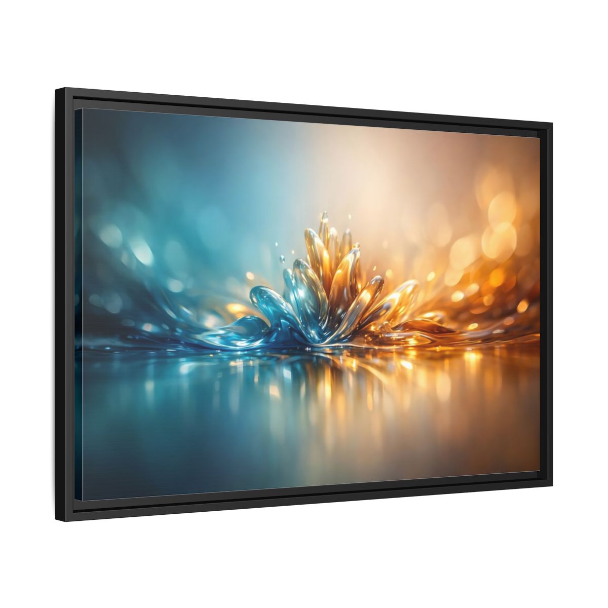 Side Mockup 14. Abstract Liquid Bloom Teal Gold Abstract shown as stretched canvas wall art