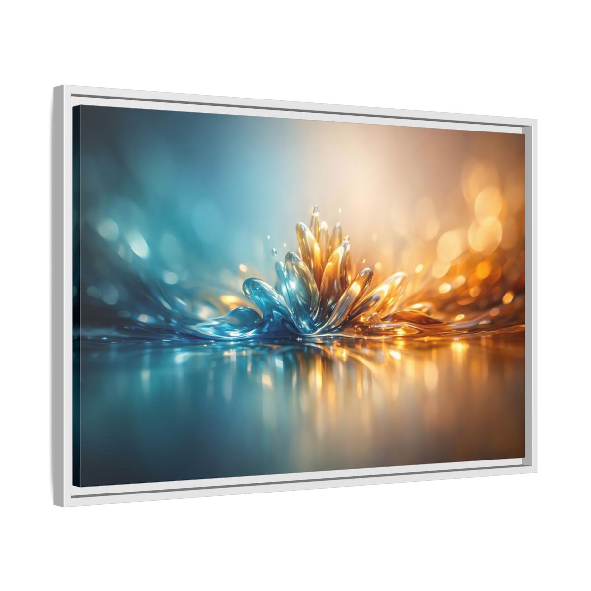 Side Mockup 10. Abstract Liquid Bloom Teal Gold Abstract shown as stretched canvas wall art