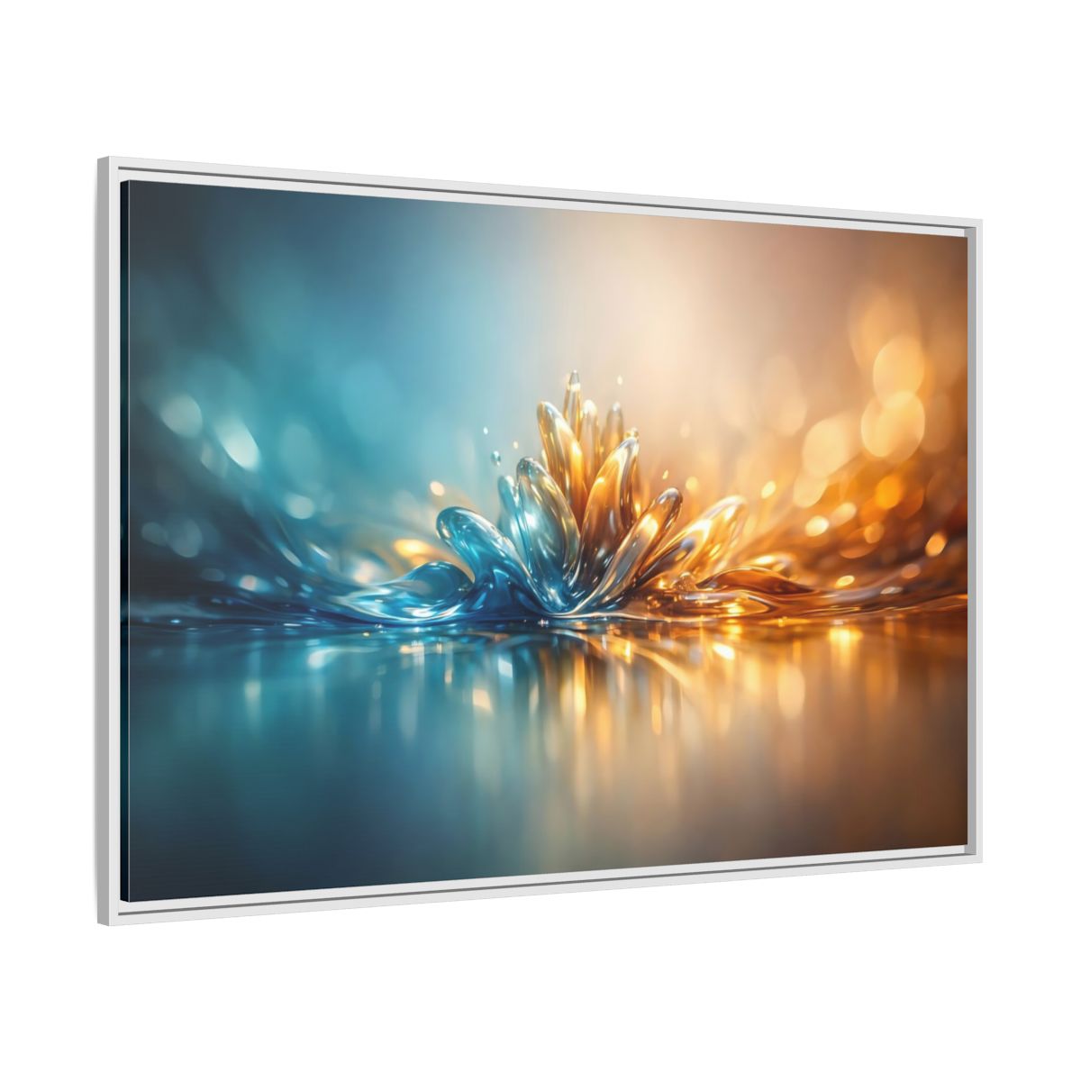 Side Mockup 7. Abstract Liquid Bloom Teal Gold Abstract shown as stretched canvas wall art