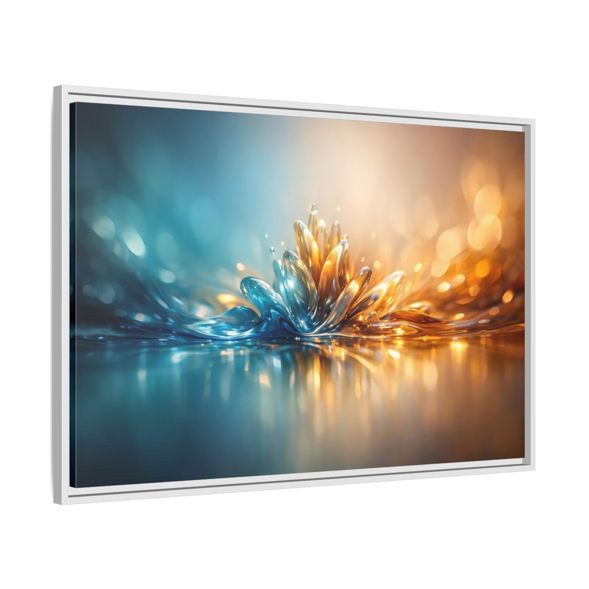 Side Mockup 8. Abstract Liquid Bloom Teal Gold Abstract shown as stretched canvas wall art