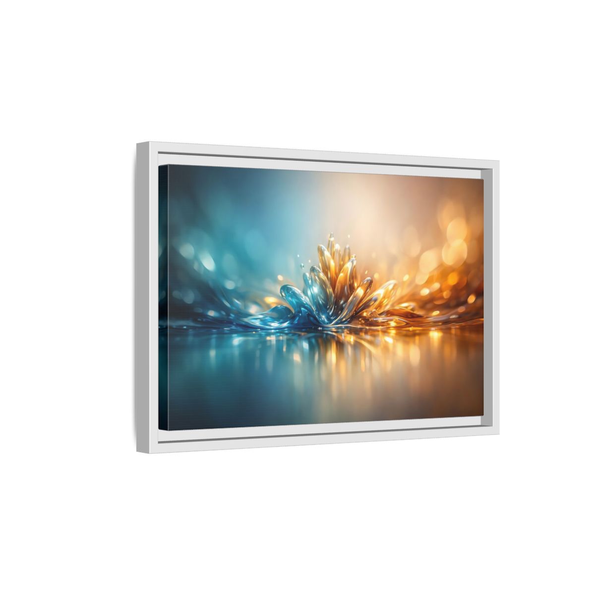 Side Mockup 4. Abstract Liquid Bloom Teal Gold Abstract shown as stretched canvas wall art