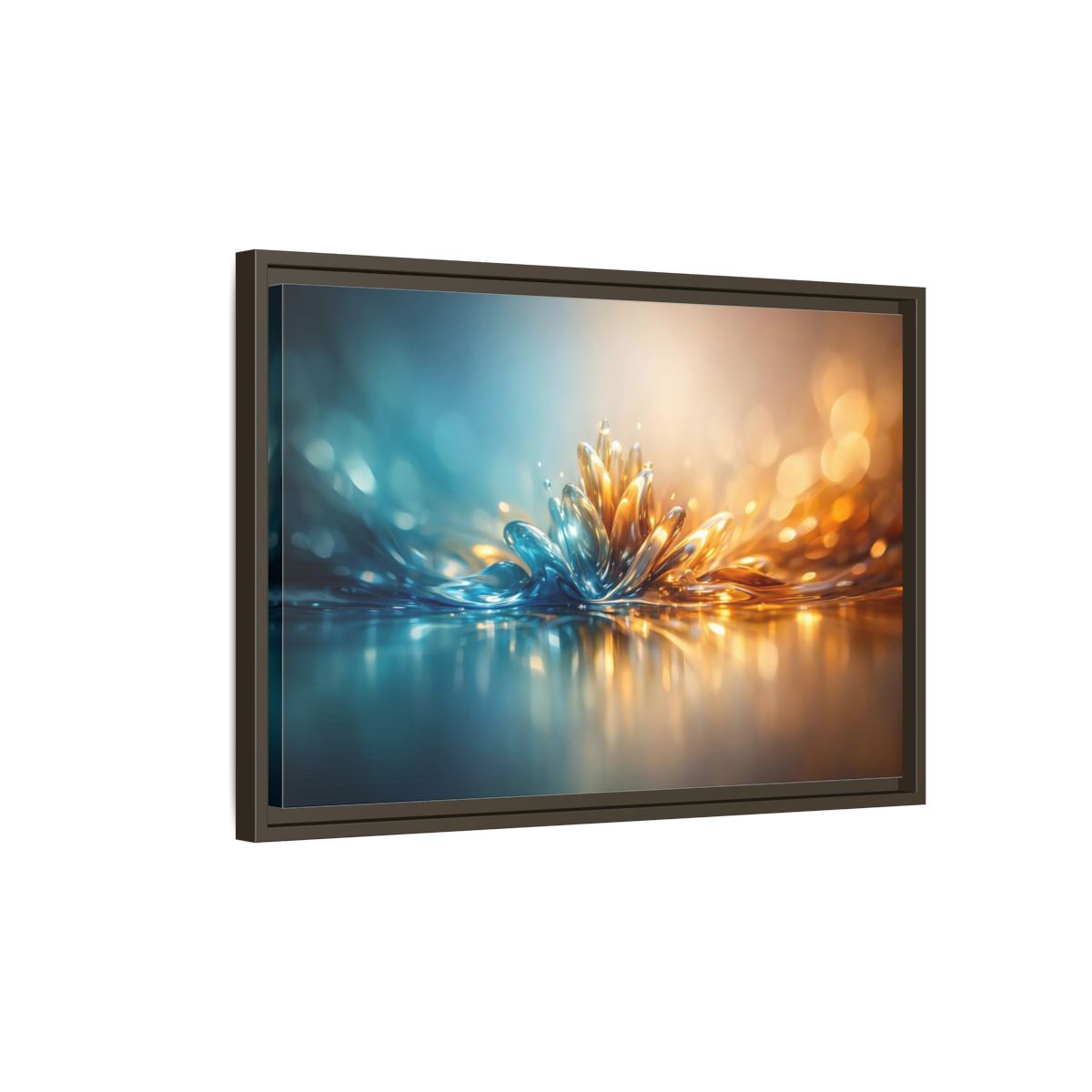 Side Mockup 2. Abstract Liquid Bloom Teal Gold Abstract shown as stretched canvas wall art