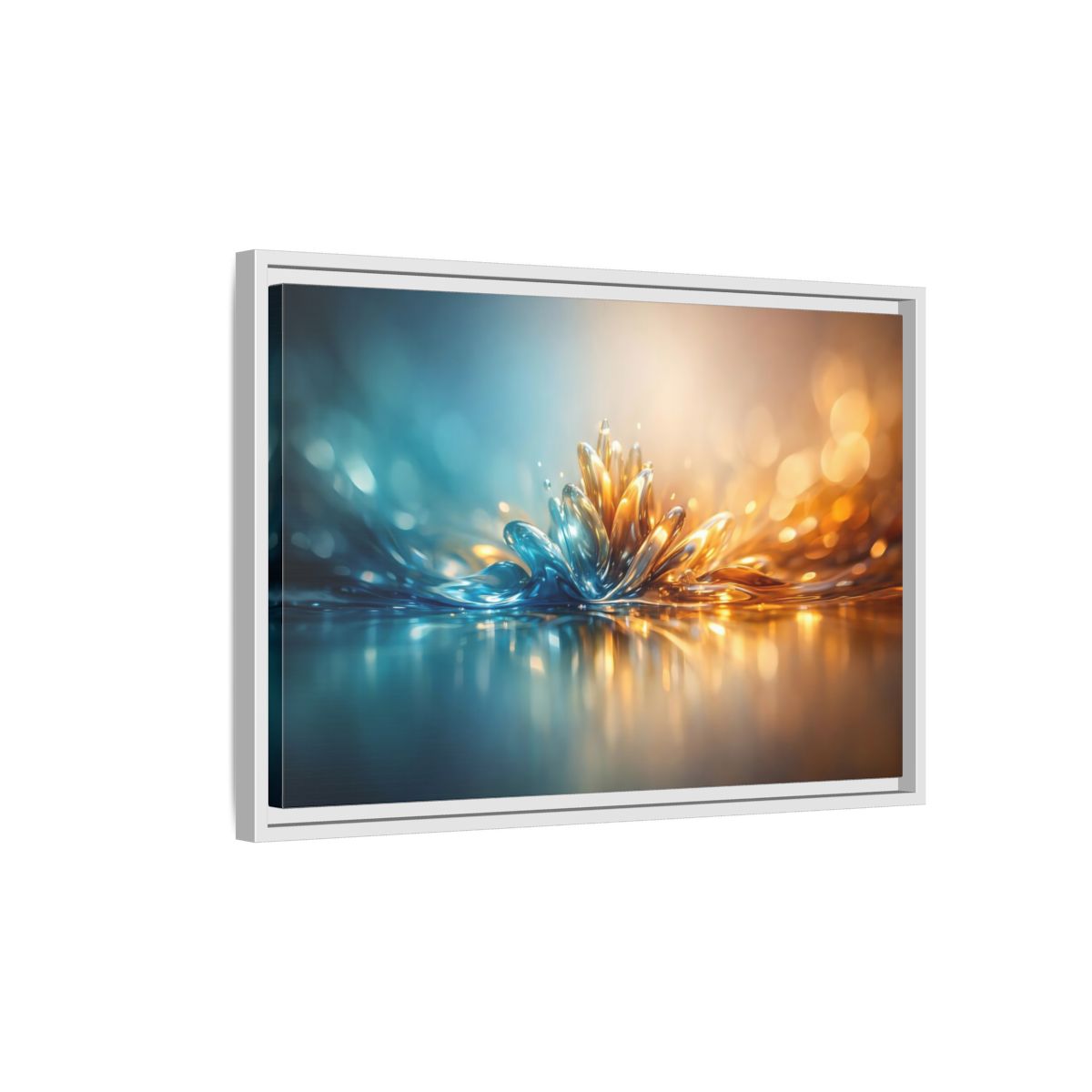 Side Mockup 1. Abstract Liquid Bloom Teal Gold Abstract shown as stretched canvas wall art
