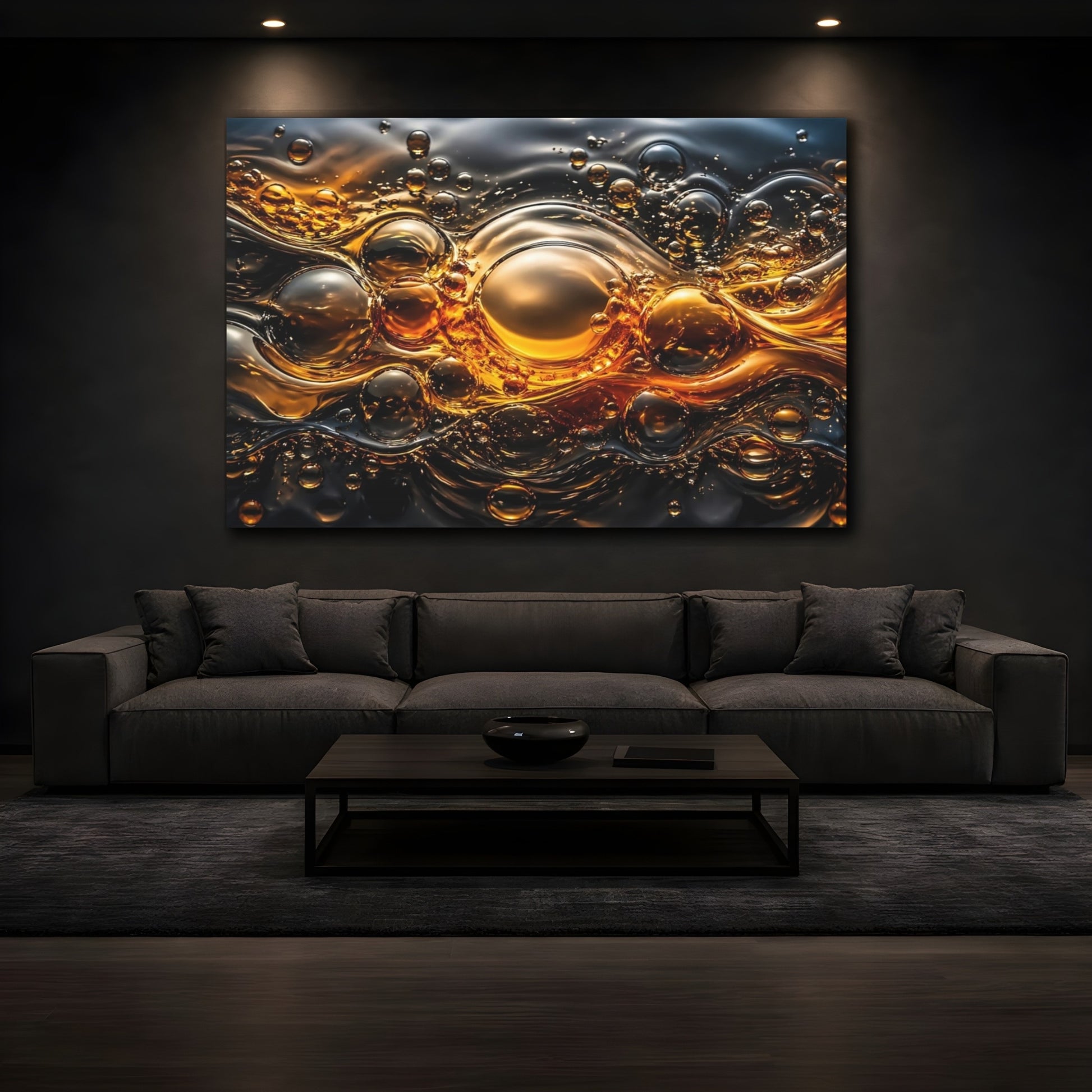 Mockup 3. Abstract Liquid Bubbles Gold And Black shown as stretched canvas wall art