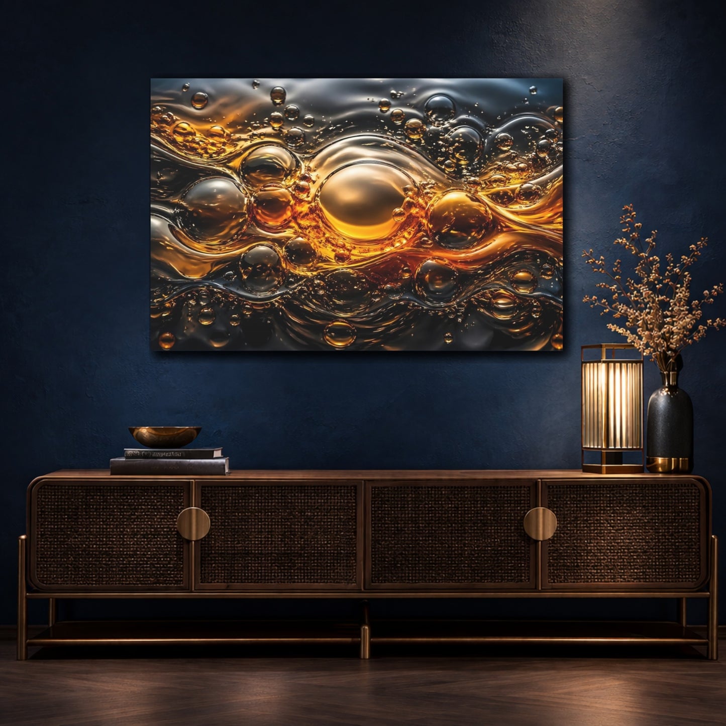 Mockup 4. Abstract Liquid Bubbles Gold And Black shown as stretched canvas wall art