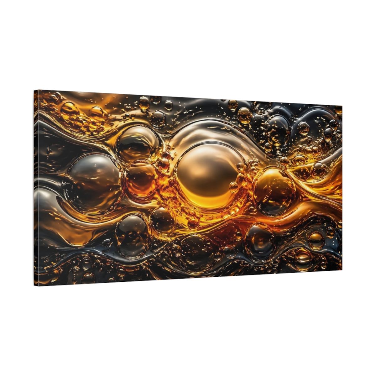 Main Mockup. Abstract Liquid Bubbles Golden Abstract shown as stretched canvas wall art