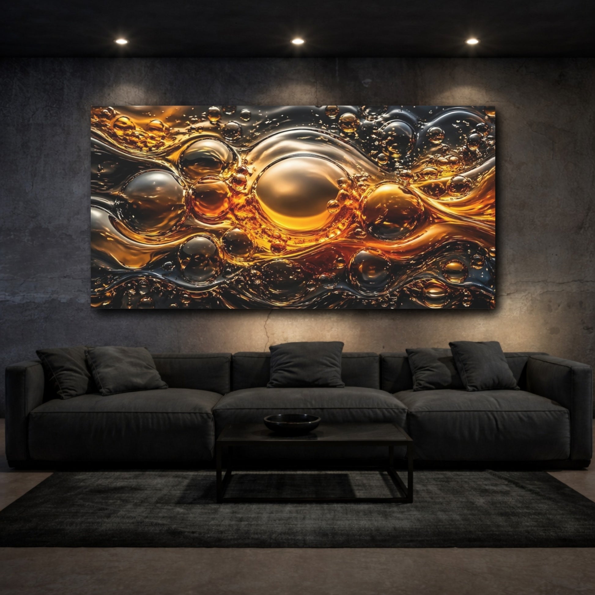 Mockup 2. Abstract Liquid Bubbles Golden Abstract shown as stretched canvas wall art