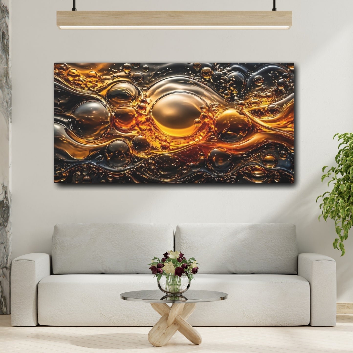 Mockup 3. Abstract Liquid Bubbles Golden Abstract shown as stretched canvas wall art