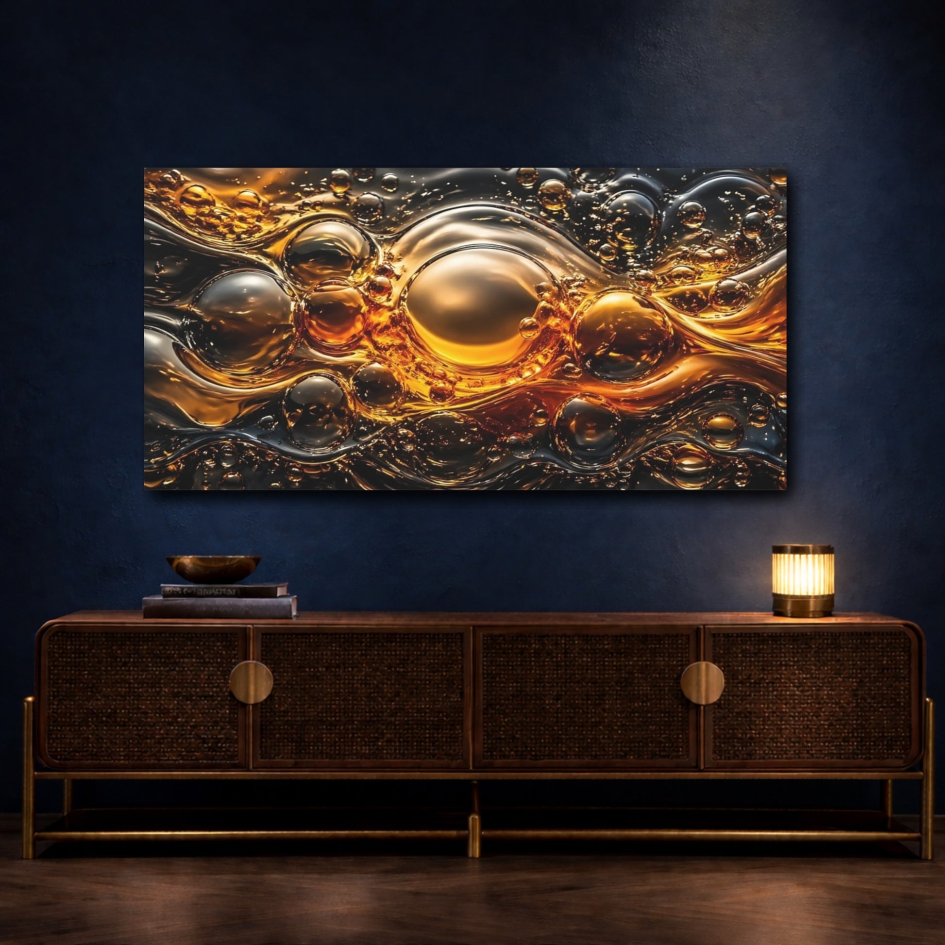 Mockup 4. Abstract Liquid Bubbles Golden Abstract shown as stretched canvas wall art